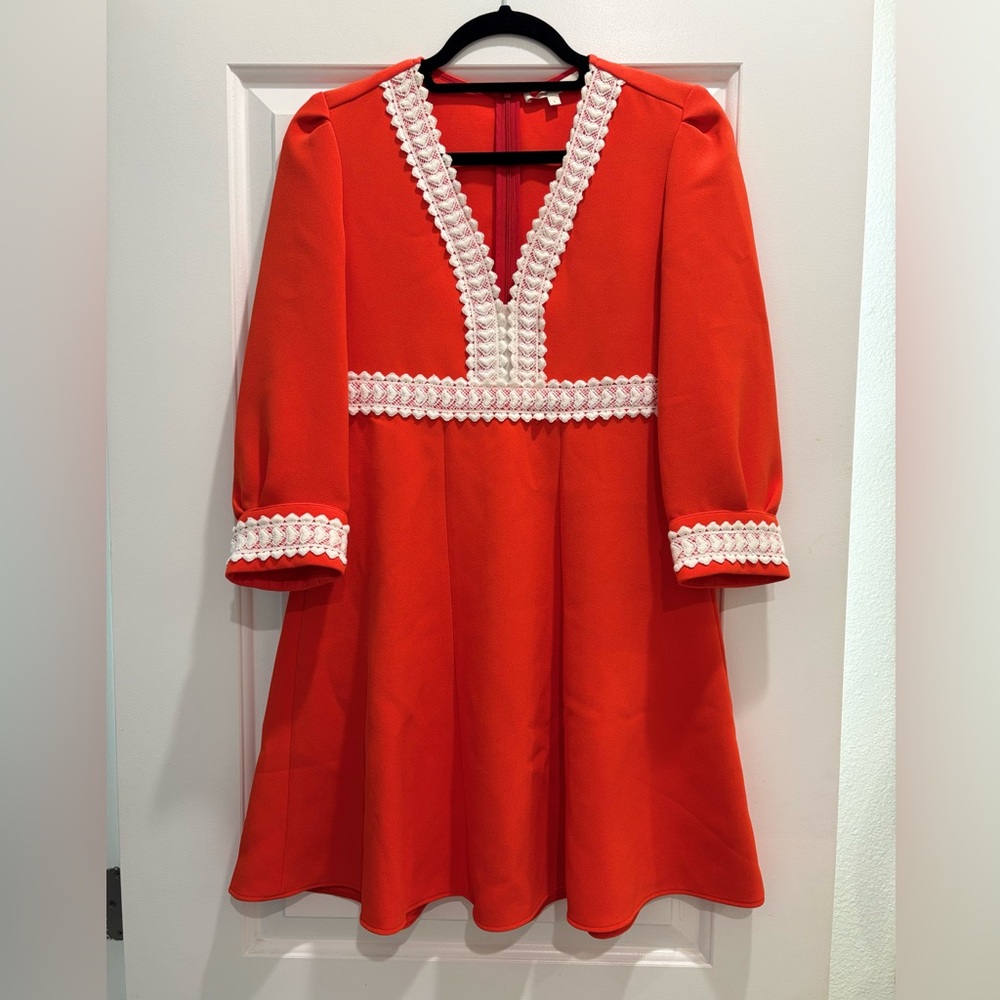 Maje Red Dress with Cream Crochet Detail